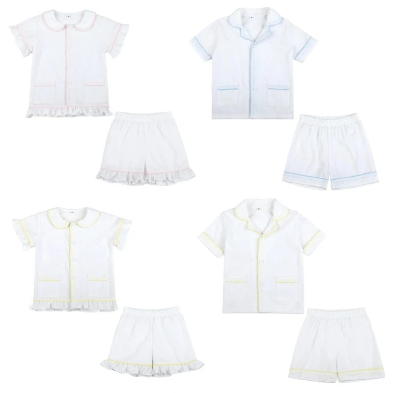 Ruffkids Summer Kids Pajamas Cotton Seersucker Sibling Matching Pjs Sleepwear Baby Clothes Loungewear Girls Boys Pyjamas Sets