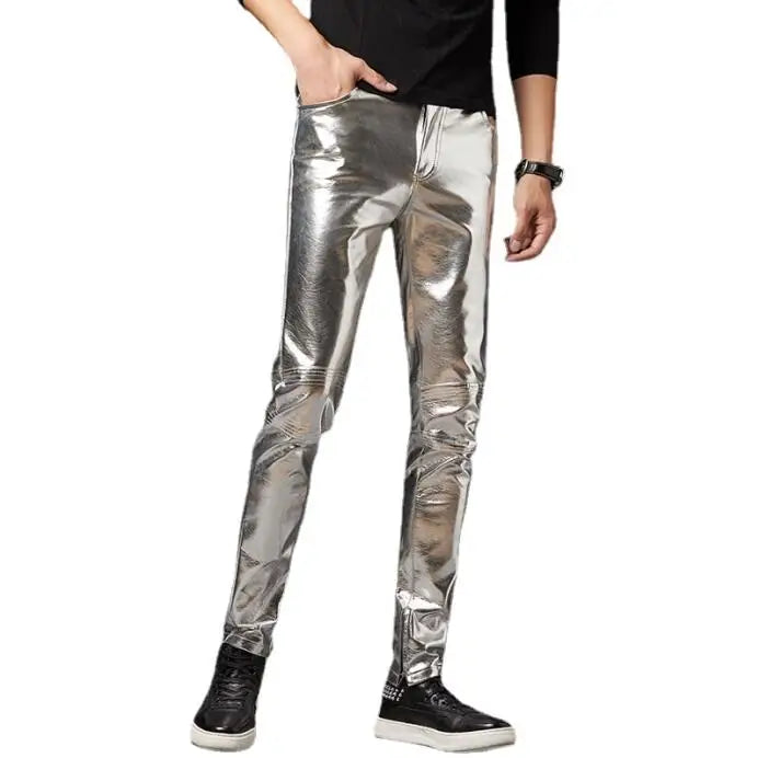 Silver Shiny Motorcycle PU Leather Pants Men Brand Skinny Disco Party Halloween Trousers Men Stage Prom Singer Costume Pants 3XL
