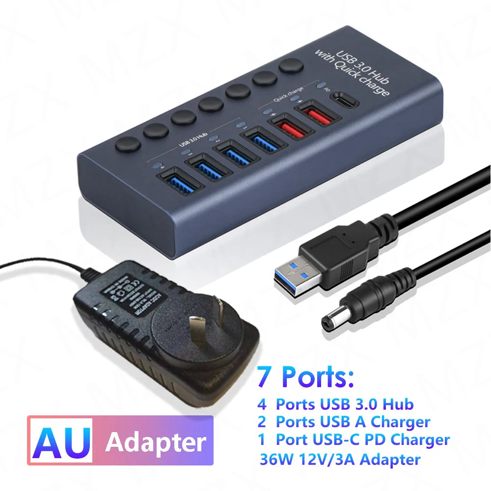 MZX USB 3.0 Hub Aluminum Multi Port Splitter with Power Adapter and Switch