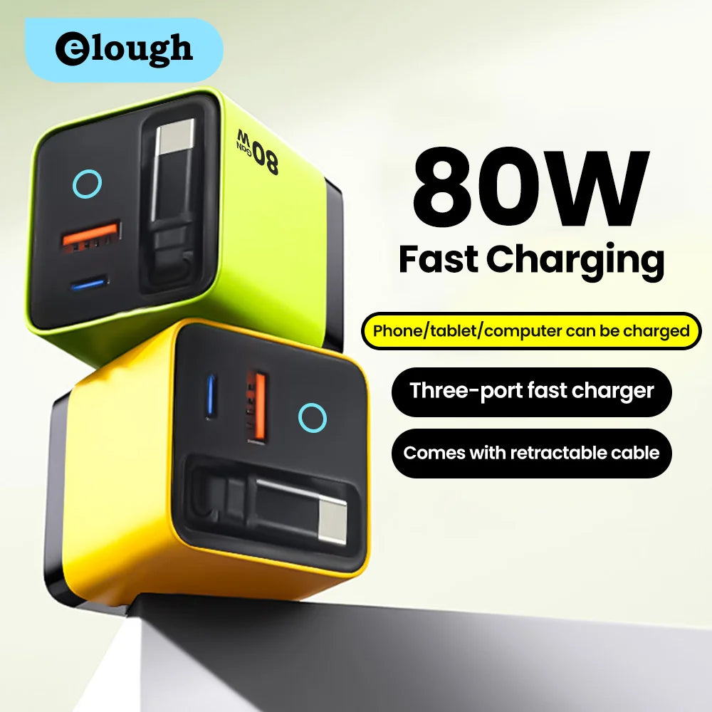 80W Super Fast Charge Type C USB Phone Charger With Telescopic USB C Cable For Iphone 16 15 Samsung Laptop With Light