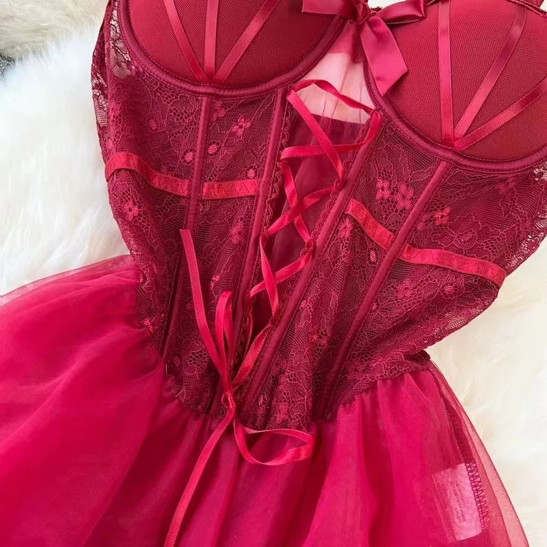 Women Strap Transparent Backless Mini Dress White Lingerie Sexy Sleepwear Senior Sheer Lace Sensual Nightwear Mesh Nightgown