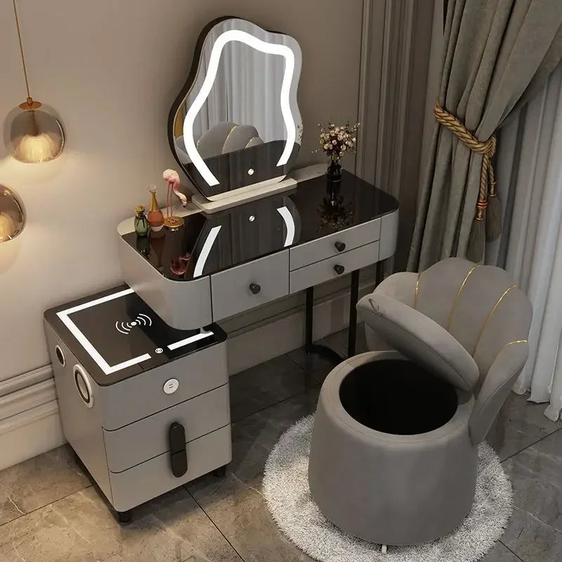 Nordic Glass Luxury Dressing Table with Smart Wireless Charging Bedroom Vanity Nightstand Makeup Table with Cloud Mirror Dresser