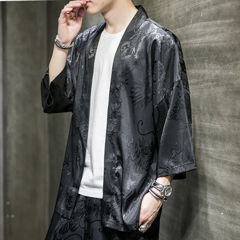 Kimono Cardigan Jacket Men's Japanese Summer Yukata Men's Yuki Obi Japanese Dragon Coat Traditional Japan Clothing Outwear New