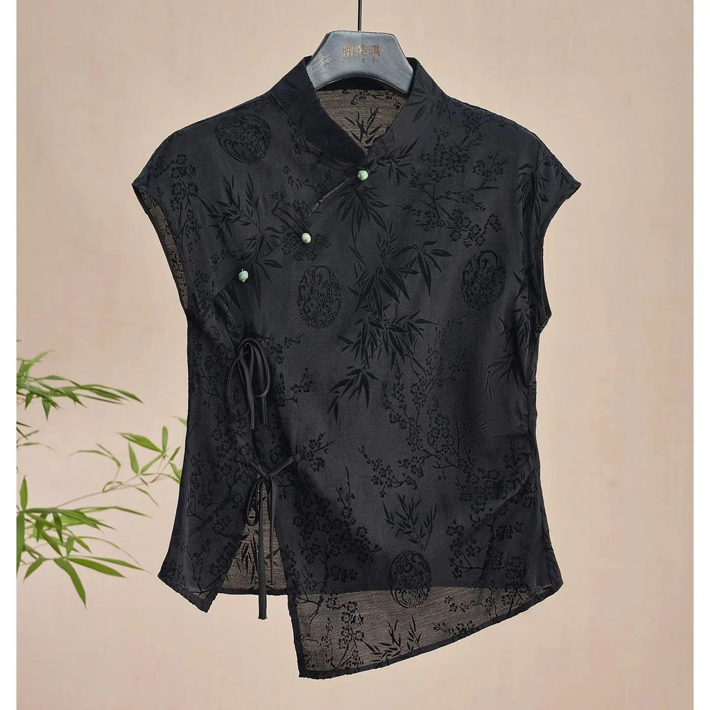 2025 new chinese style cheongsam top black jacquard short sleeve t-shirt women's new summer vintage elegant qipao blouse w859