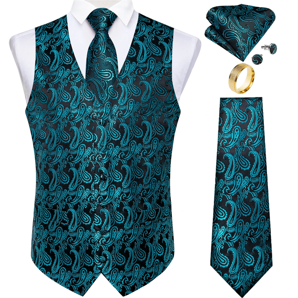 Fashion Green Paisley Vest for Man Business Festival Dress Fit Men's Waistcoat Luxury Silk Necktie Pocket Square Cufflinks Ring
