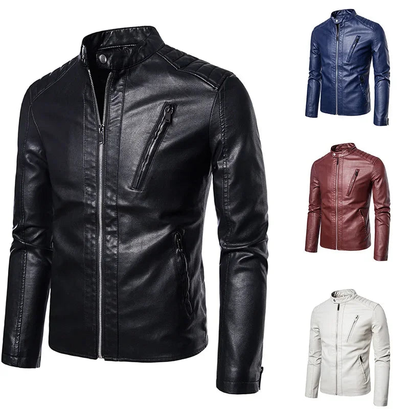 Stand Collar Jackets Fashion Casual Trend White Windproof Coat Streetwear Spring Autumn Men's Motorcycle Leather Jacket Solid