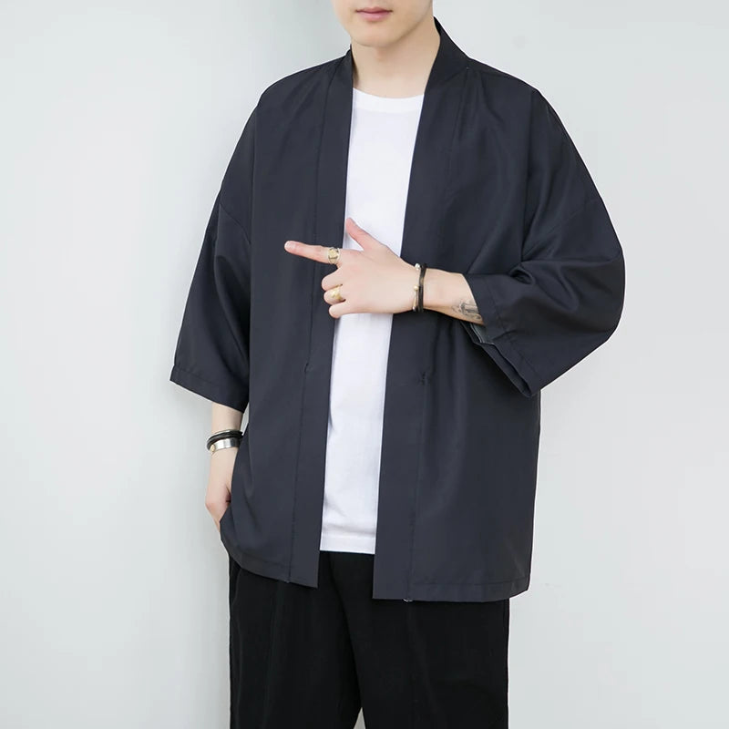 Summer New Men's Lightweight Kimonos Traditional Japanese Clothing Male Open Front Cardigan Cloak Yukata Jacket Coat White