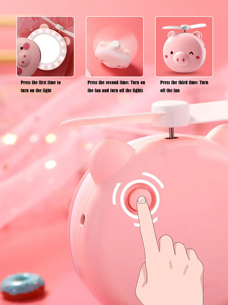 Cute Piggy Makeup Mirror Handheld Mini Fan With Led Light Cosmetics Mirror With Small Fan Girls Travle Portable Fan