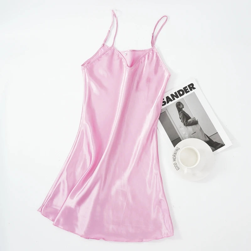 WSFSLJWDW Sexy Pajamas Women's Faux Silk Suspender Nightdress Ladies Spring and Summer Ice Silk Thin Halter Home Night Dresses