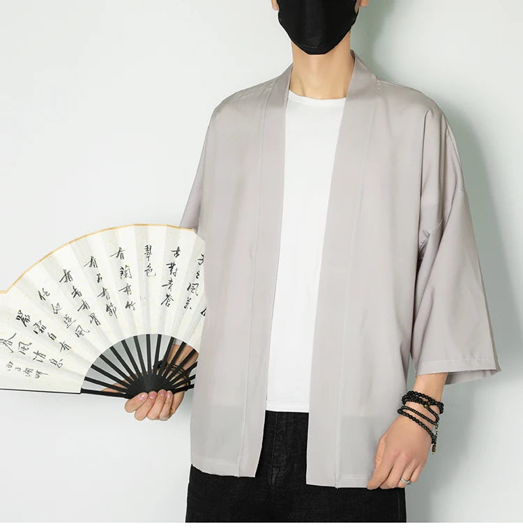 Summer New Men's Lightweight Kimonos Traditional Japanese Clothing Male Open Front Cardigan Cloak Yukata Jacket Coat White