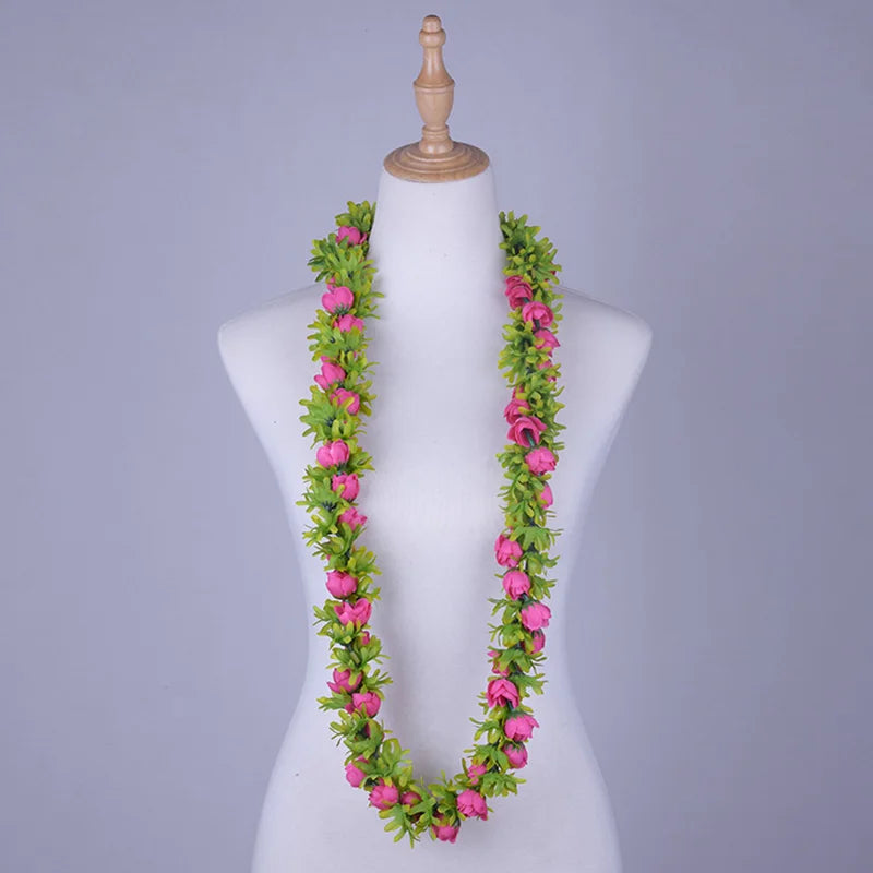 Popular Artificial Silk Rosebud Greenrose Lei Double Strand Braided Necklace Hawaiian Garland Polynesian Samoan Style Wreath