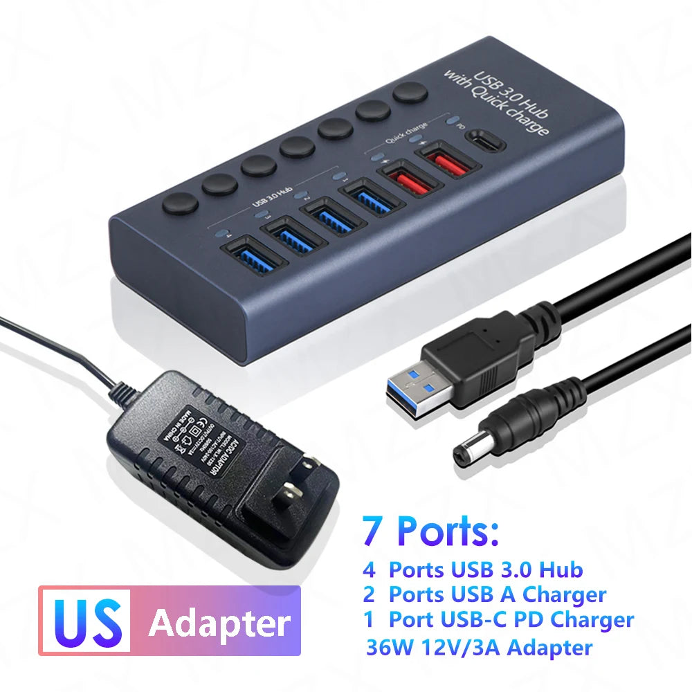 MZX USB 3.0 Hub Aluminum Multi Port Splitter with Power Adapter and Switch