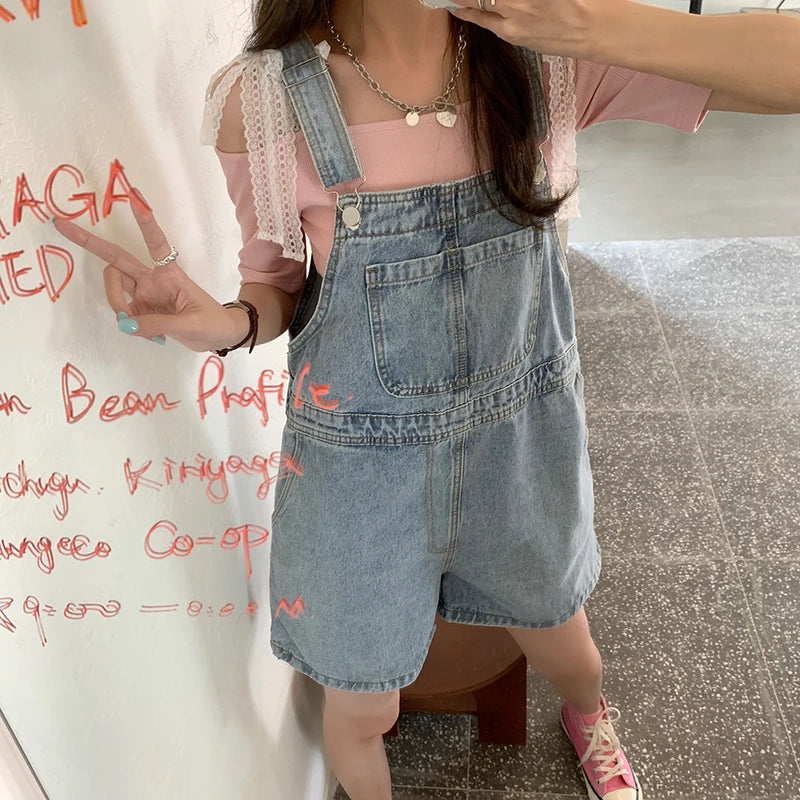 SML 2Colors Summer korean preppy style Jumpsuit Denim Overalls For Womens Girls blue Jeans Shorts womens (78655)