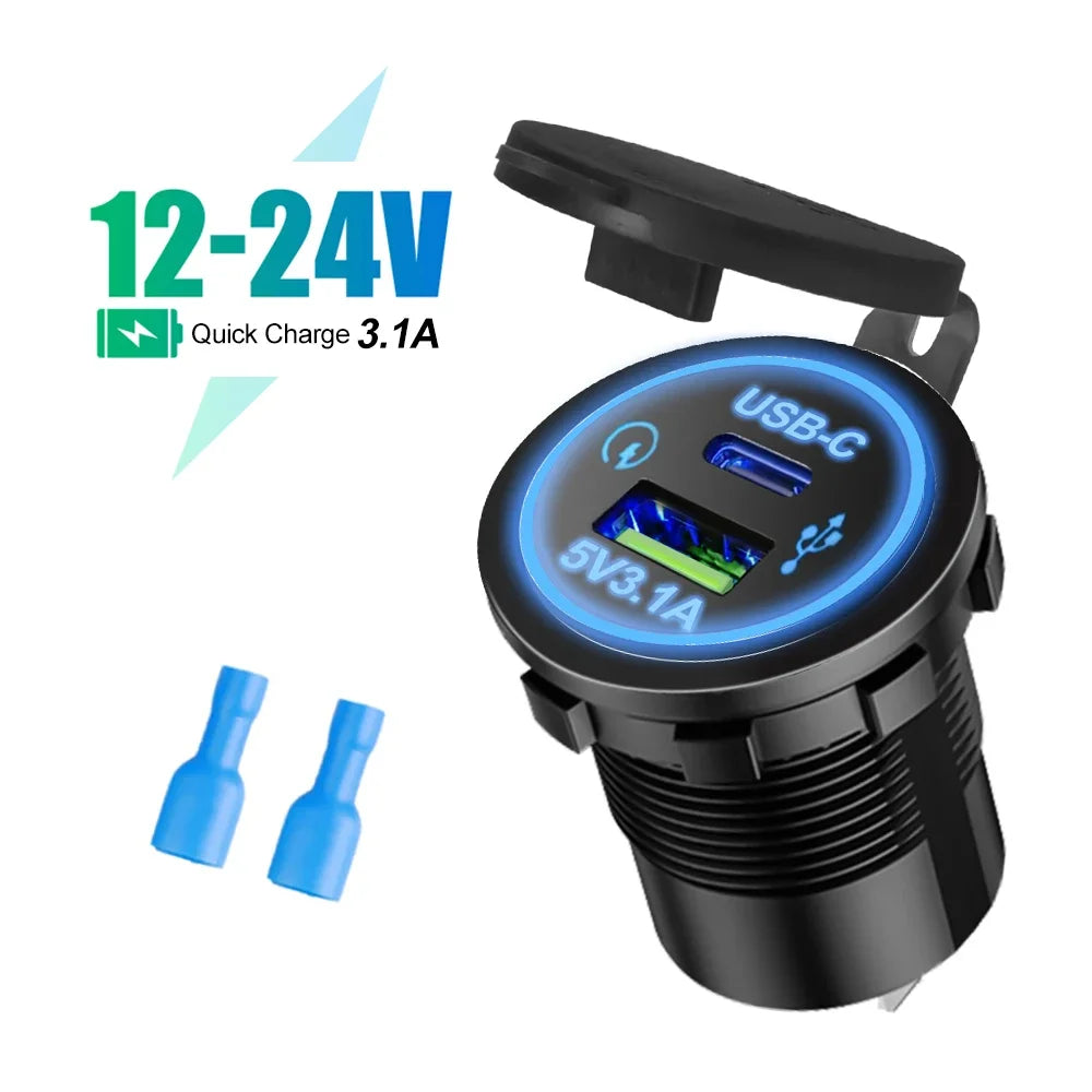 Universal Motorcycle Car Charger LED Light USB TYPE-C Charger Power Socket Cigarette Waterproof Light for Auto Truck ATV Boat