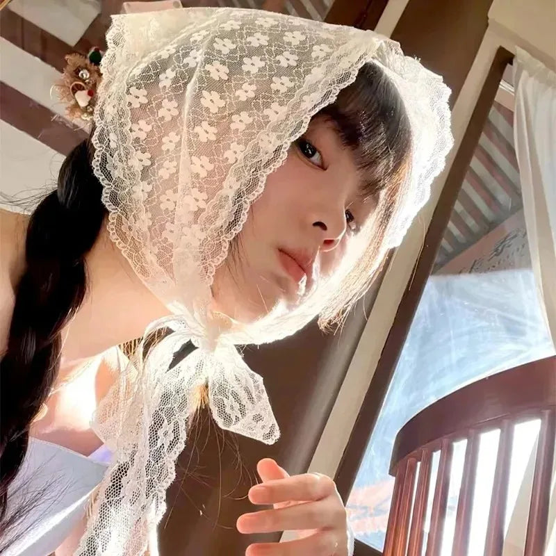 Girls Lace Headscarf Sweet Korean INS Pastoral Style Summer Triangle Scarf Hair Band Fashion Cute Women Hair Accessories