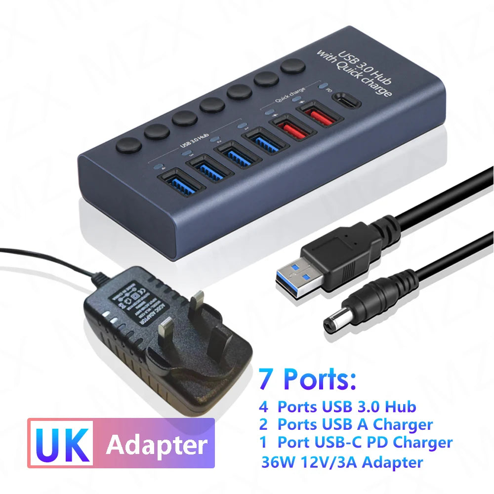 MZX USB 3.0 Hub Aluminum Multi Port Splitter with Power Adapter and Switch