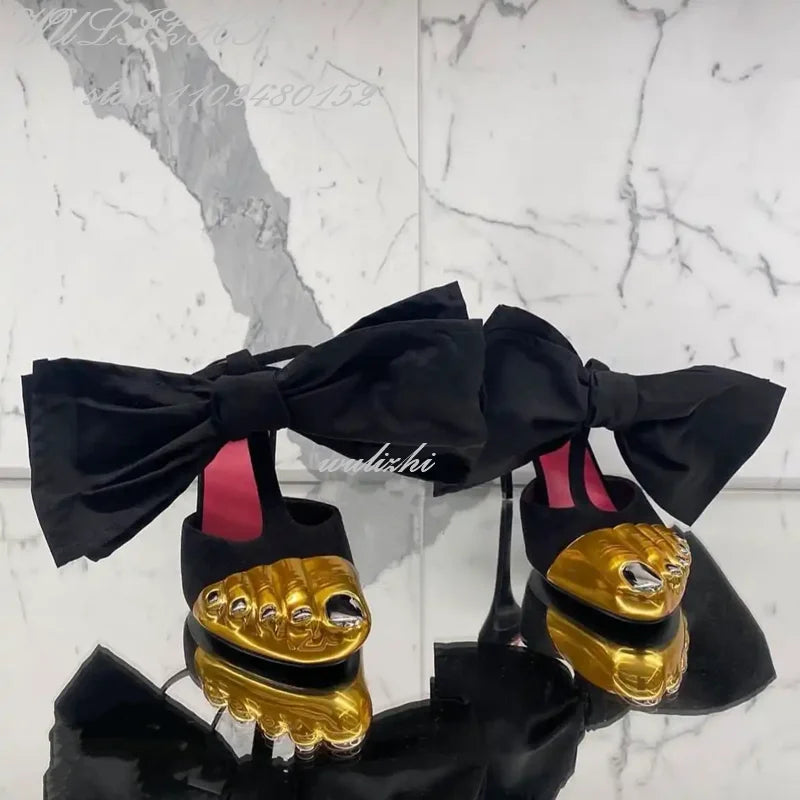 Big Bow Golden Toes Five Split Toes Sexy Sandals Stiletto Heels Women Hollow Metallic Luster Shiny Dress Heels Ankle Straps Shoe