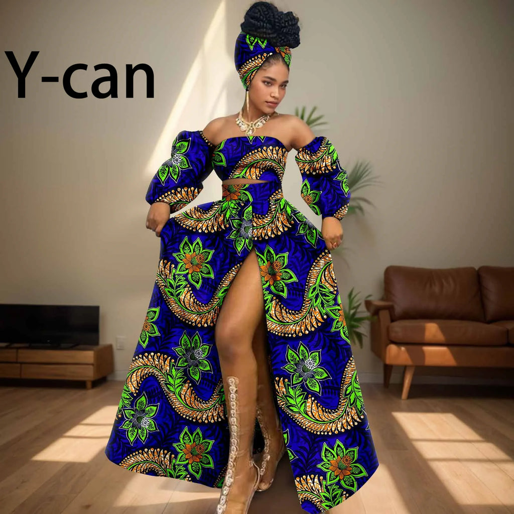 African Women Sexy Sets Two Pieces 2024 Ankara Print Tube Top High Slit Skirt Free Headscarf Female Outfits Women Dress 2426016