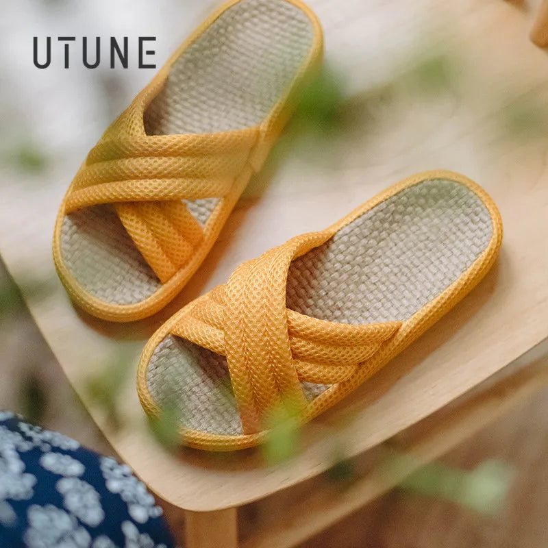 UTUNE Linen Women Slippers Outdoor Summer Mute Light Vacation Travel Comfortable Shoes Anti-slip Flat Thick Sole Home Slides