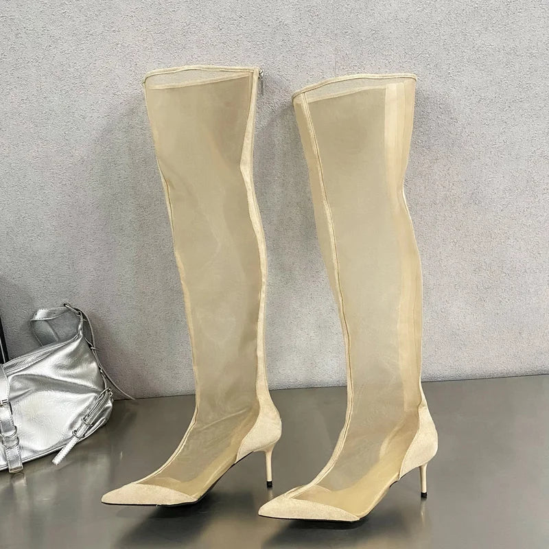 Eilyken New Design Mesh Pointed Toe Women Over The Knee Boot Sandals Fashion Zipper Thin High Heels Party Prom Shoes