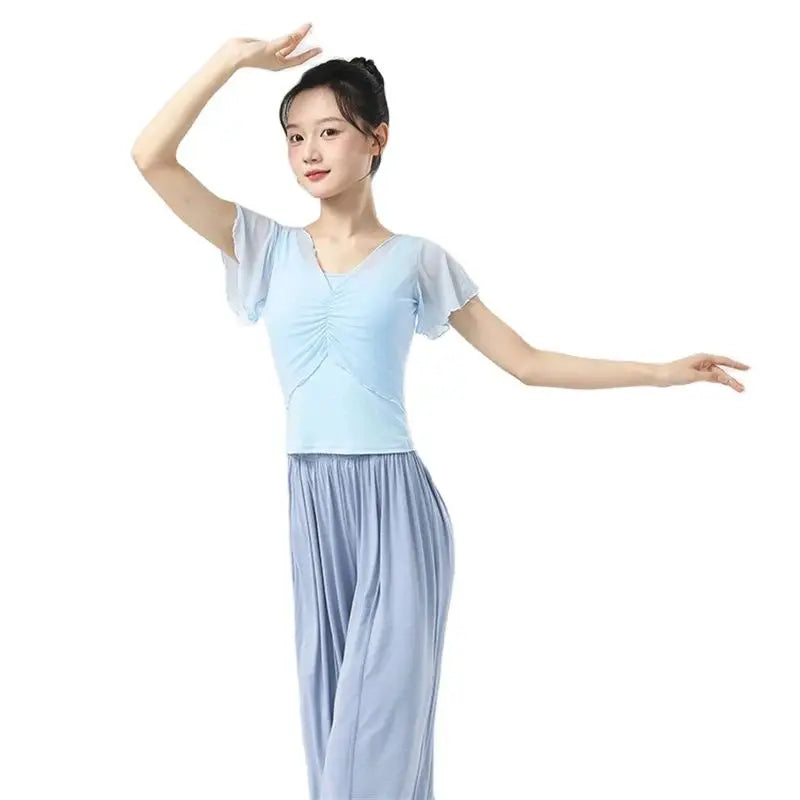 Dance Tops Women Modern Practice Clothes Dancewear Short Sleeved Gauze Pleated T-shirt Solid Color Stage Costume Top New Arrival