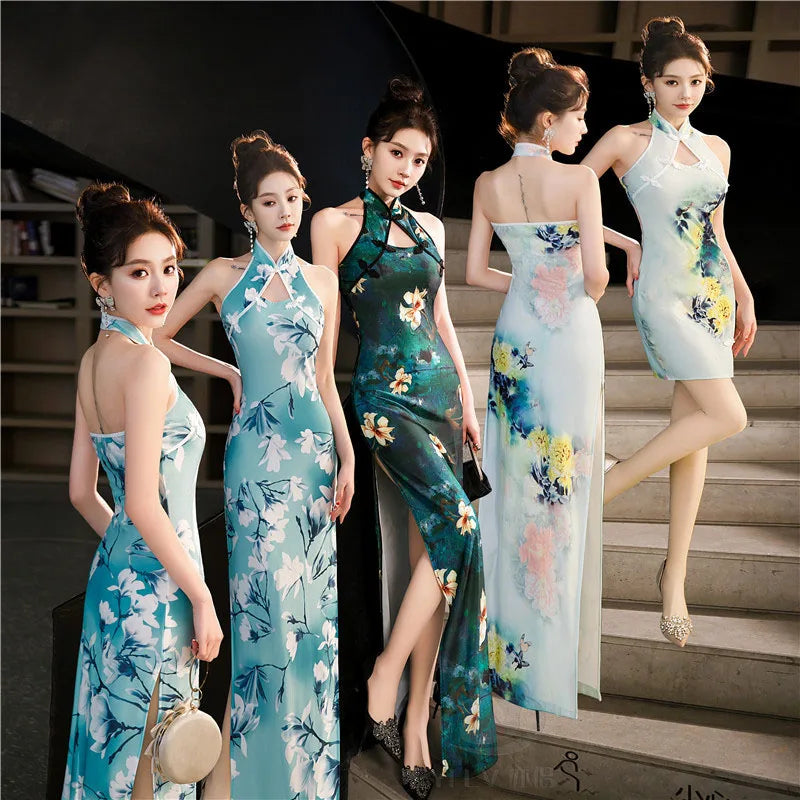 Green Blue Chinese National Cheongsam Women Summer Sexy Backless Dress Sleeveless Floral Vintage Dress Long Qipao S to 5XL