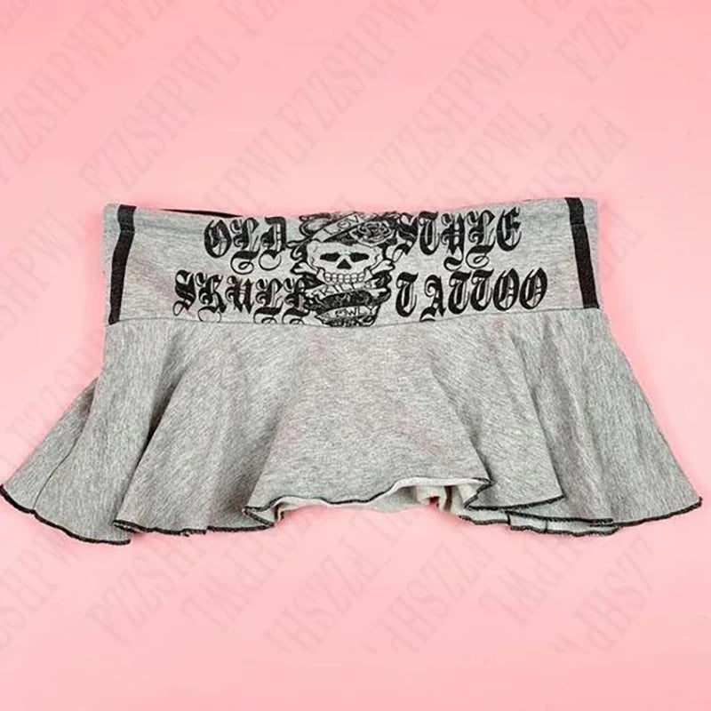 Spicy Girls Y2K Skirt Skull Harajuku Graphic Print Rock Goth Retro Mini Skirt Hiphop Streetwear Dress Punk Half length skirt EMO
