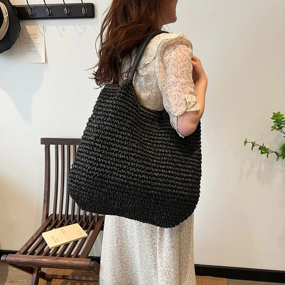 2024 Summer Daily Bag Women Vintage Shoulder Bag Hasp Closure Crochet Beach Handbag Solid Color Simple Weaving Handbag Ladies