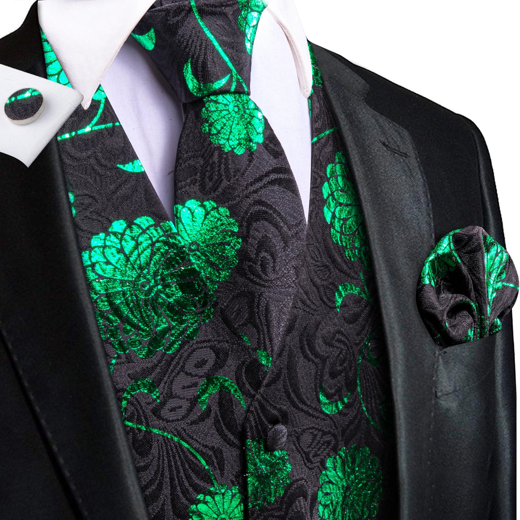 Hi-Tie Men's Silk Vests Fashion Dark Green Floral Jacquard Handkerchief Cufflinks Necktie Sleeveless Wistcoat Sets Wedding Party