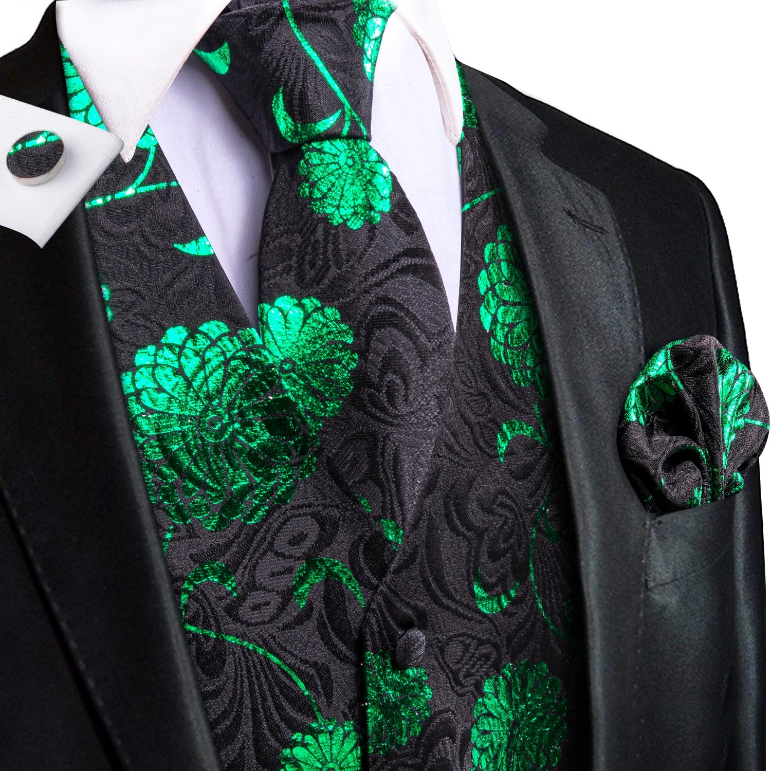 Hi-Tie Men's Silk Vests Fashion Dark Green Floral Jacquard Handkerchief Cufflinks Necktie Sleeveless Wistcoat Sets Wedding Party