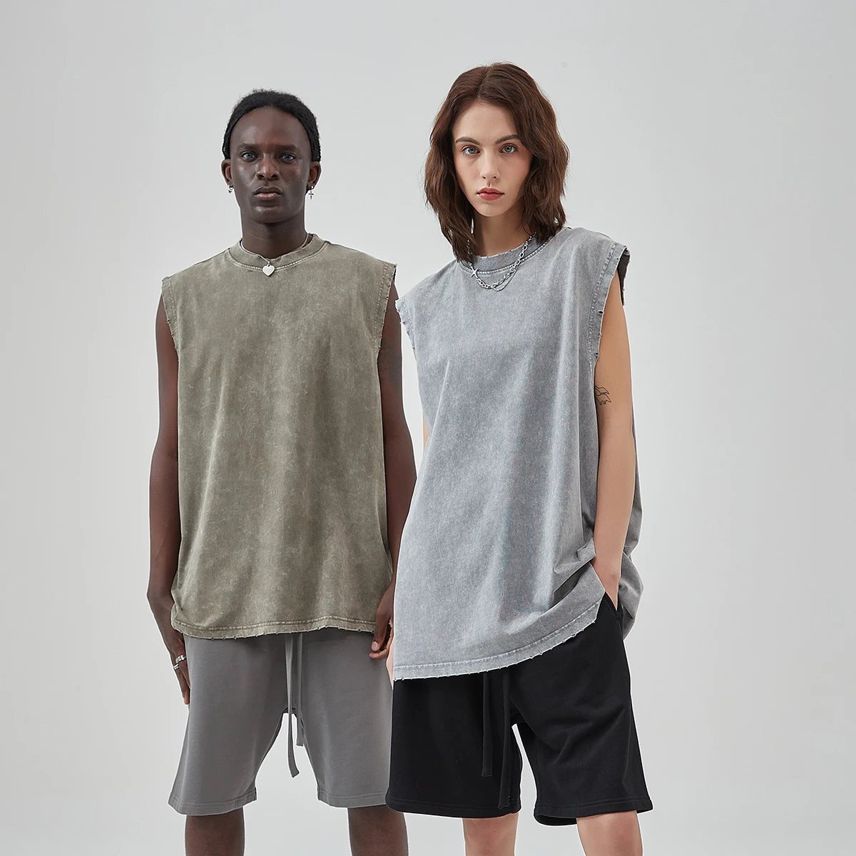 Vintage Streetwear Hip Hop Washed Worn Vest Oversize Casual Sleeveless Tshirt Summer Men's and Women's Waistcoat Top