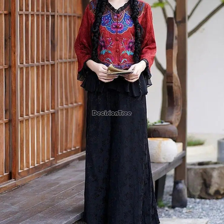 2025 embroidery chinese style summer tang suit top retro ethnic style disc buckle women long sleeve elegant daily blouse s104