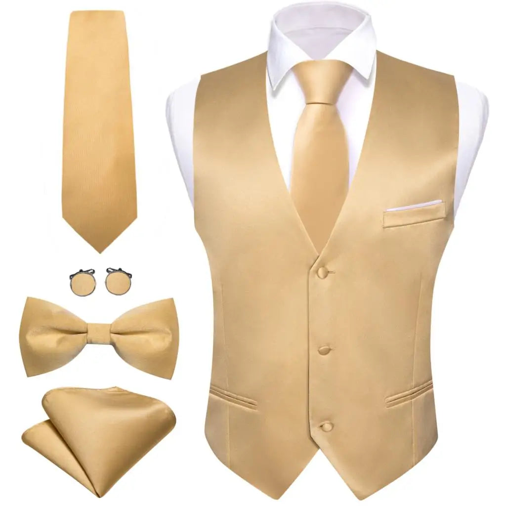 Elegant Vest for Men Pink Solid Satin Waistcoat Tie Bowtie Hanky Set Sleeveless Jacket Wedding Formal Male Gilet Suit Barry Wang