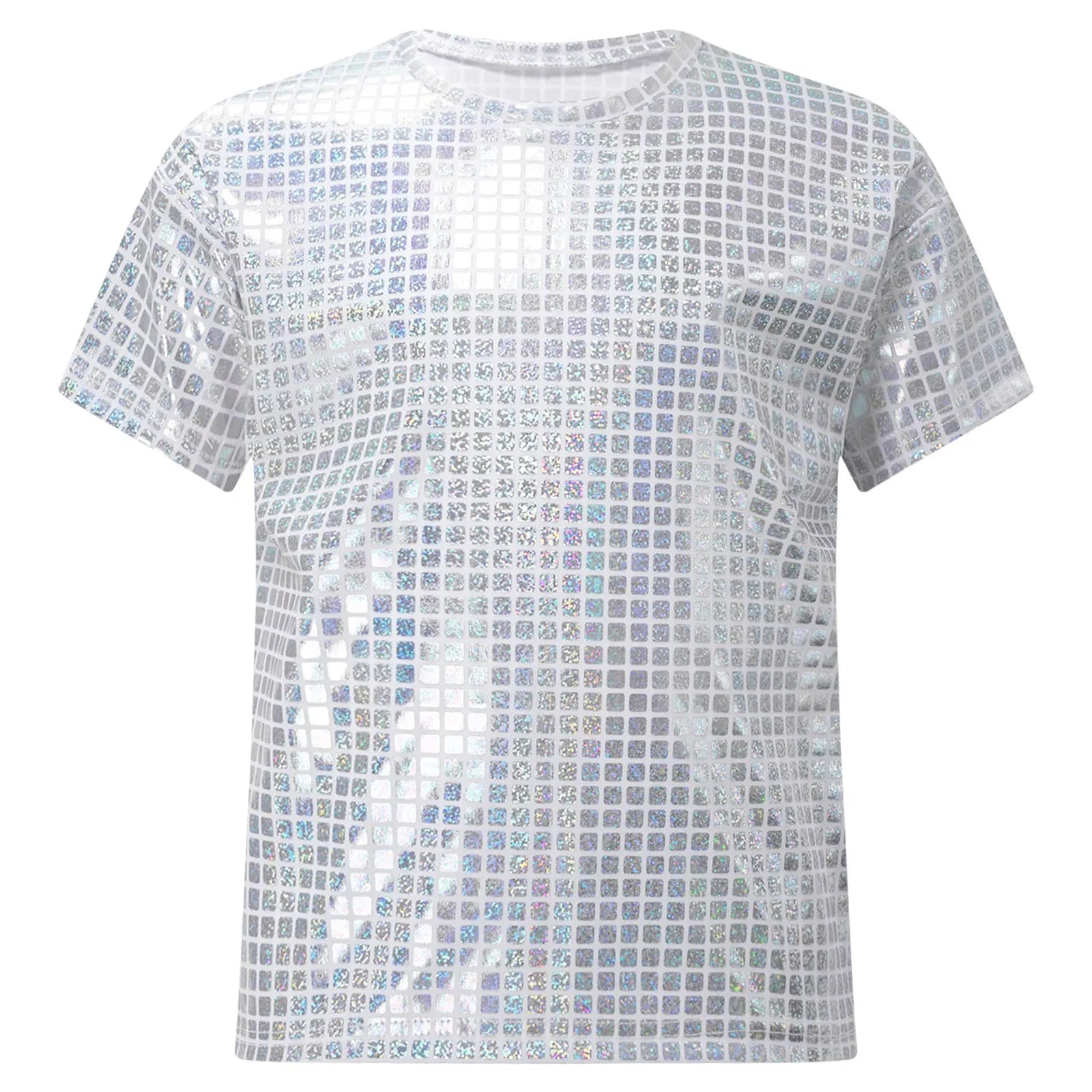 Boys Girls Shiny Plaid Sequins T-shirt Unisex Kids Short Sleeve Shirts Tops Cheerleading Street Dance Choir Stage Performance