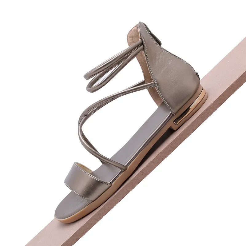 Genuine Leather Women Sandals Summer Flats Shoes Casual Flip Flops Gladiator Sandal Comfortable Cross Strap Beach Shoes Ladies