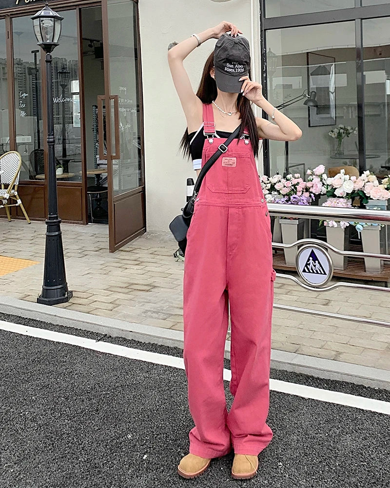 SM jeans womens 2022 Summer Preppy Style loose Girls Pink wide leg trousers jumpsuit korean casual denim overalls womens (78891
