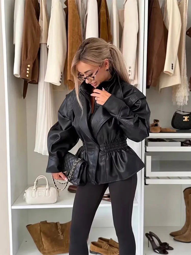Turn-down Collar Women Winter Faux Leather Coats 2025 Autumn Zipper Slim Female Long Sleeve Elastic Waist Jacket Cool Girls Coat