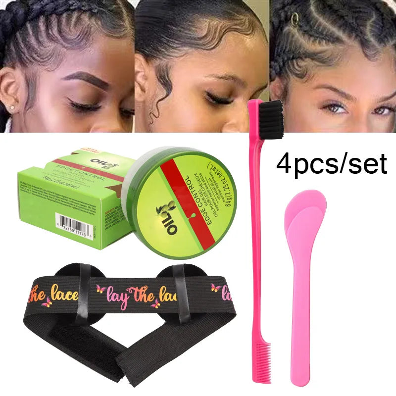 New Edge Control Wax For Women Strong Hold Olive Oil Edges Control Gel With Brush Spoon Babys Hair Edge Smoother Creme 2.25Oz