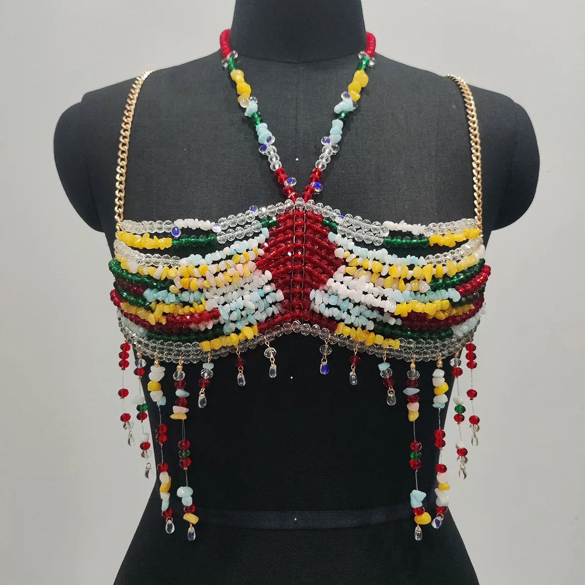 Women Handmade Hollow Out Irregular Multi Beaded Body Chain Halter Romantic Bra Tassel Backless Beachwear for  Music Festivals