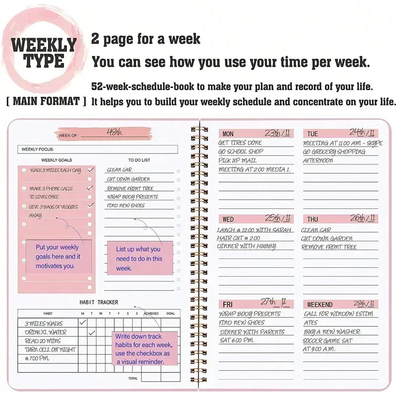 52 Weeks Weekly Planner Notebook A5 Undated Spiral Agenda Daily Student Schedules Journal Stationery Office School Supplies