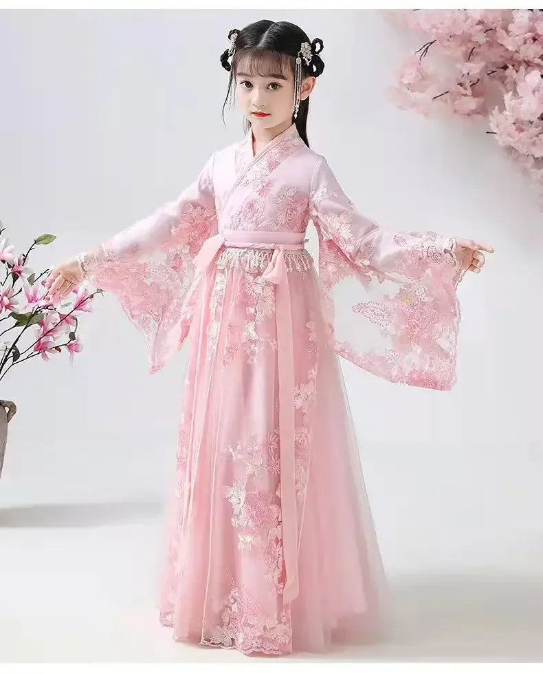 Chinese Traditional Folk Dance Dress Girls Pink Dance Fairy Costume Hanfu Girls Princess Dresses Set Kids Party Cosplay Clothing