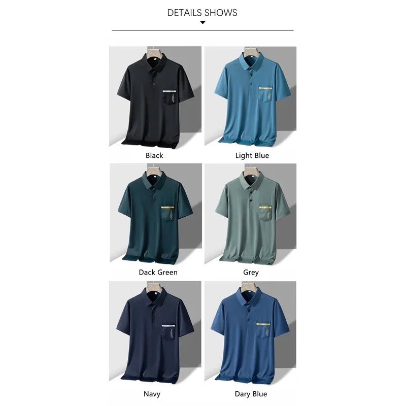 TFETTERS Brand New Summer 2025 Mens Polo Shirt Elasticity Short Sleeve Front Pocket Design Sport Golf Polo T Shirt Man