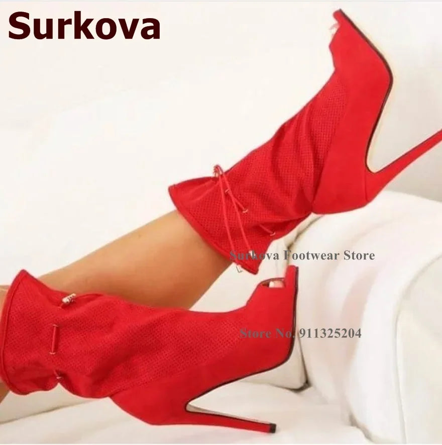 Surkova Royal Blue Suede Small Hole Cut-out Ankle Boots Thin High Heel Lace-up Dress Shoes Ruffle Caged Open Toe Sandals Booties