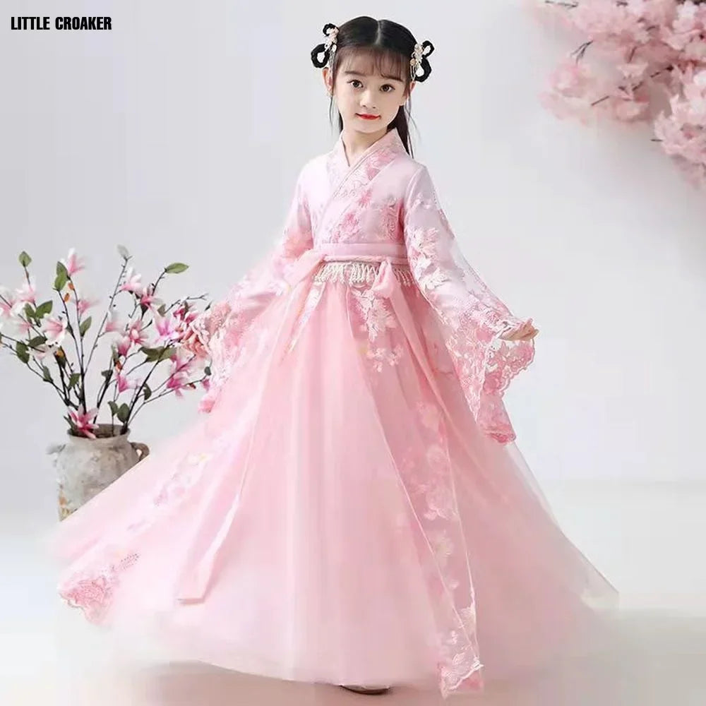 Chinese Traditional Folk Dance Dress Girls Pink Dance Fairy Costume Hanfu Girls Princess Dresses Set Kids Party Cosplay Clothing