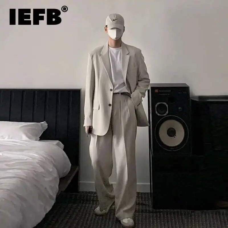 IEFB Simple Men's Sets Loose Lapel Bazers Casual Straight Wide Leg Suit Pants New Summer Koean Style Two-piece Set 9C6339