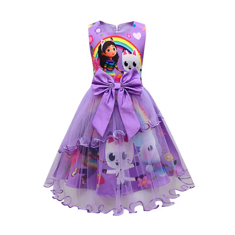 Summer Gabbys Dollhouse Costume For Baby Girl Lace Dress Fashion Kid Up Bow Print Princess Frock Children Tunic Clothes