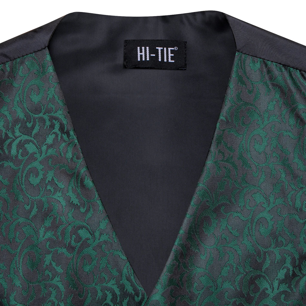 Hi-Tie Men's Silk Vests Fashion Dark Green Floral Jacquard Handkerchief Cufflinks Necktie Sleeveless Wistcoat Sets Wedding Party