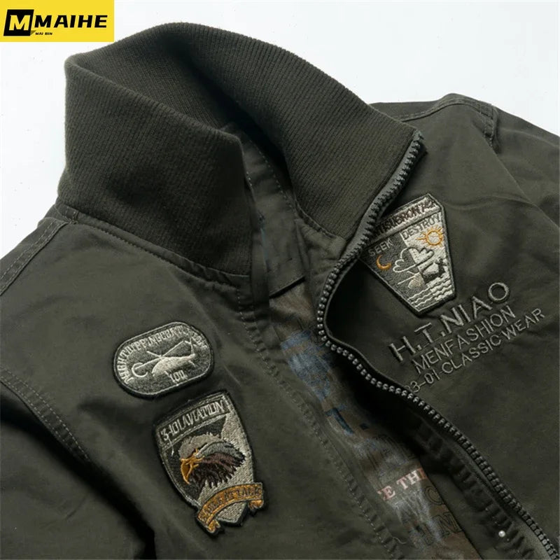 Retro Bomber Jacket Embroidery Airplane Pilot