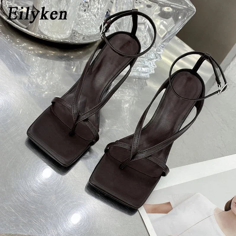 Square Toe Thin Heels Sandals Ankle Buckle