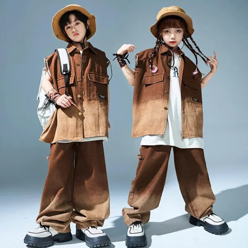 Sets Kids Showing Cool Tee Street Dance Child Jazz Costumes Boys Hip Hop Brown T-shirt Girls Loose Print Cargo Shorts Clothes